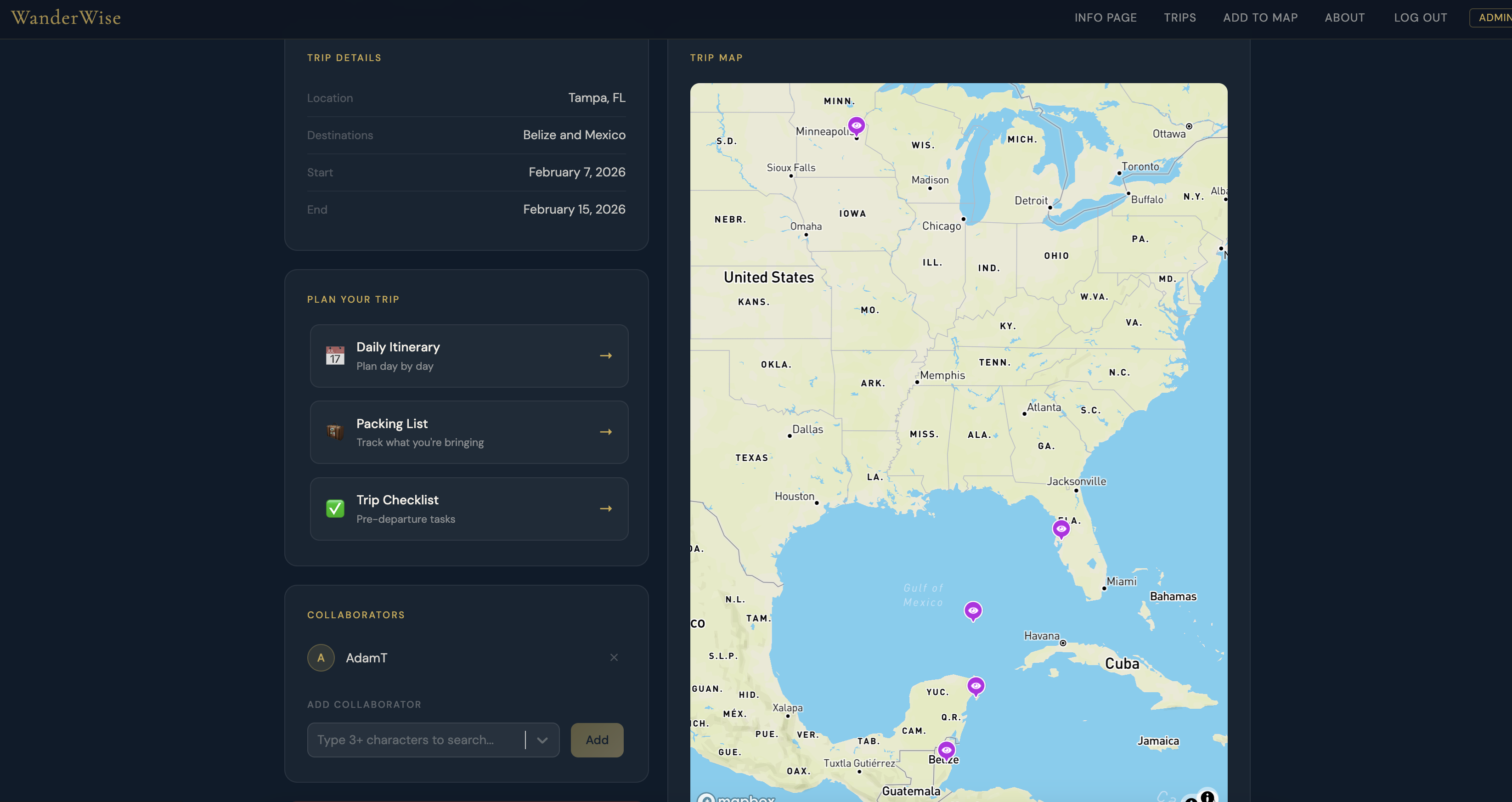WanderWise travel planning app showing dark navy UI with trip dashboard and interactive map